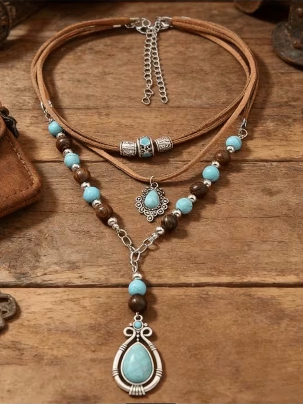 Boho Turquoise Layered Pendant Corded Necklace - Picture 4 of 4